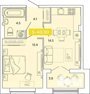 1-к квартира, строящийся дом, 40м2, 7/14 этаж