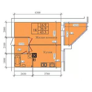 1-к квартира, вторичка, 43м2, 12/14 этаж