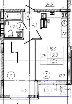 2-к квартира, строящийся дом, 45м2, 9/9 этаж