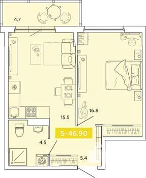 1-к квартира, вторичка, 47м2, 6/14 этаж