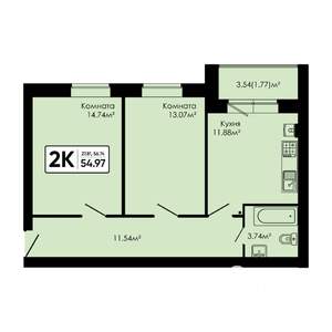 2-к квартира, вторичка, 55м2, 1/4 этаж