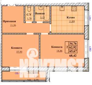 2-к квартира, строящийся дом, 66м2, 1/8 этаж
