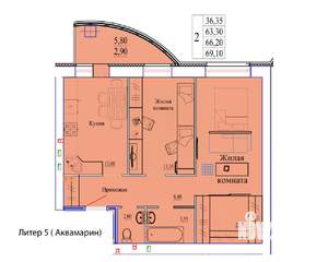 2-к квартира, вторичка, 69м2, 1/9 этаж