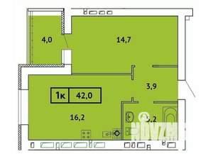 1-к квартира, строящийся дом, 42м2, 2/9 этаж