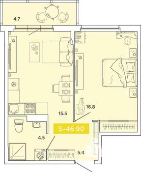 1-к квартира, вторичка, 47м2, 7/14 этаж