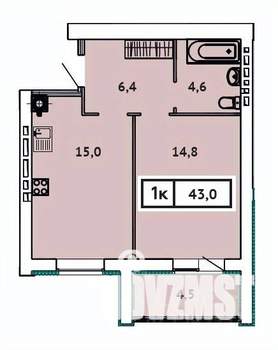 1-к квартира, вторичка, 43м2, 6/9 этаж