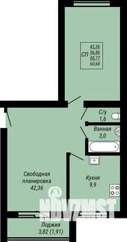 1-к квартира, строящийся дом, 61м2, 6/9 этаж