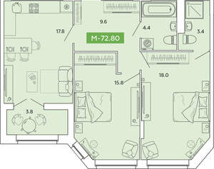 2-к квартира, вторичка, 73м2, 12/14 этаж