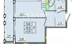 1-к квартира, вторичка, 43м2, 6/15 этаж