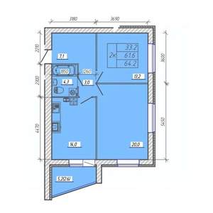 2-к квартира, вторичка, 64м2, 1/9 этаж