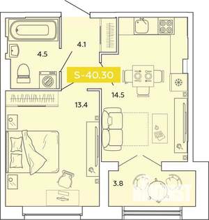 1-к квартира, строящийся дом, 40м2, 2/14 этаж