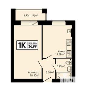 1-к квартира, вторичка, 37м2, 3/4 этаж