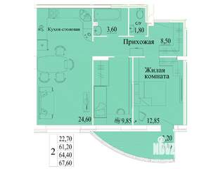 2-к квартира, вторичка, 68м2, 1/14 этаж