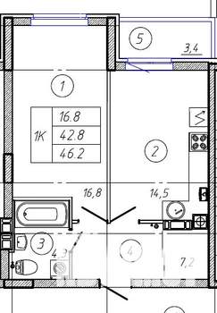 1-к квартира, вторичка, 46м2, 5/9 этаж