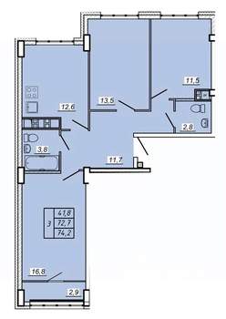 3-к квартира, вторичка, 74м2, 2/17 этаж