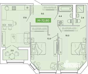 2-к квартира, строящийся дом, 73м2, 8/14 этаж