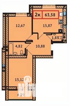 2-к квартира, вторичка, 64м2, 9/9 этаж