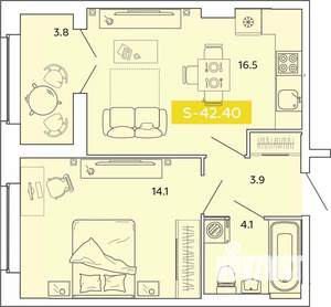 1-к квартира, строящийся дом, 42м2, 7/14 этаж