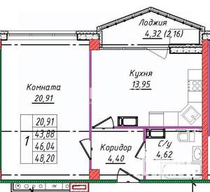 1-к квартира, вторичка, 48м2, 2/14 этаж