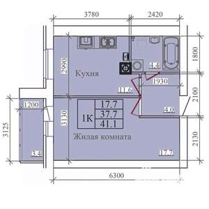 1-к квартира, вторичка, 41м2, 8/14 этаж