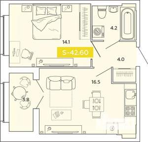 1-к квартира, строящийся дом, 43м2, 12/14 этаж