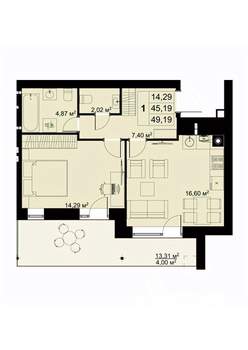 1-к квартира, вторичка, 49м2, 1/6 этаж