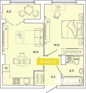 1-к квартира, вторичка, 44м2, 4/14 этаж