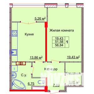 1-к квартира, строящийся дом, 57м2, 6/15 этаж
