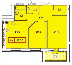 2-к квартира, строящийся дом, 57м2, 4/10 этаж