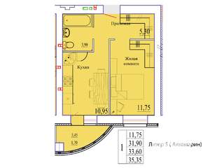 1-к квартира, вторичка, 35м2, 9/9 этаж