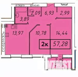 2-к квартира, строящийся дом, 57м2, 3/9 этаж