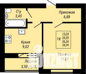 1-к квартира, строящийся дом, 38м2, 9/9 этаж