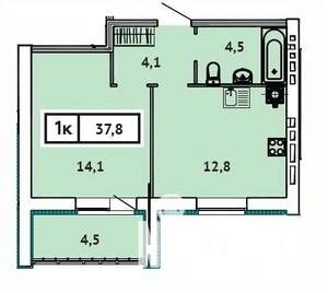 1-к квартира, строящийся дом, 38м2, 7/9 этаж