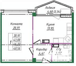 1-к квартира, вторичка, 49м2, 6/14 этаж