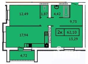 2-к квартира, вторичка, 62м2, 3/9 этаж
