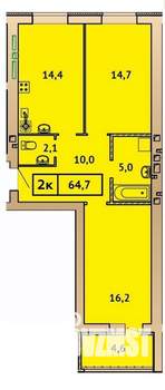 2-к квартира, строящийся дом, 65м2, 9/9 этаж