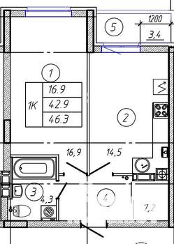 1-к квартира, вторичка, 46м2, 2/9 этаж