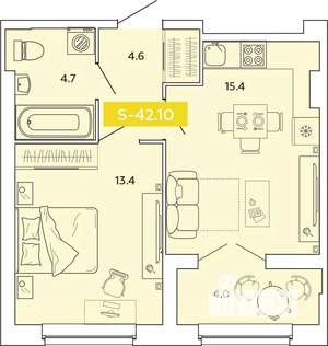 1-к квартира, строящийся дом, 42м2, 4/14 этаж