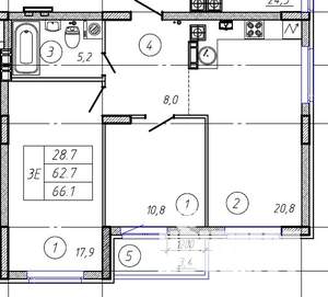 3-к квартира, строящийся дом, 66м2, 7/9 этаж