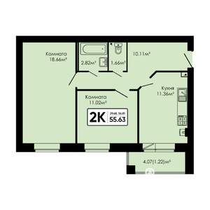 2-к квартира, вторичка, 56м2, 1/4 этаж