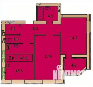2-к квартира, строящийся дом, 66м2, 6/9 этаж