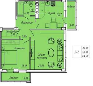 2-к квартира, вторичка, 64м2, 9/9 этаж