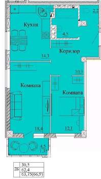 2-к квартира, вторичка, 67м2, 14/14 этаж