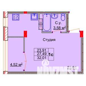 Студия квартира, строящийся дом, 32м2, 12/15 этаж