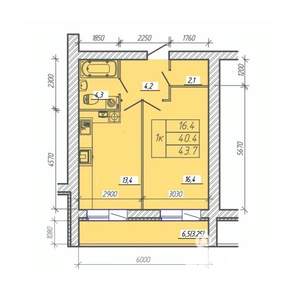 1-к квартира, вторичка, 44м2, 6/9 этаж