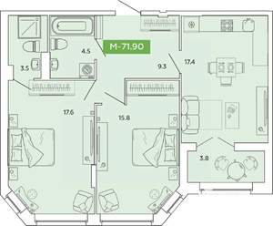 2-к квартира, вторичка, 72м2, 4/14 этаж