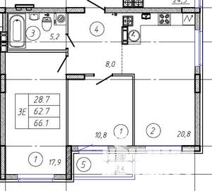 3-к квартира, строящийся дом, 66м2, 8/9 этаж