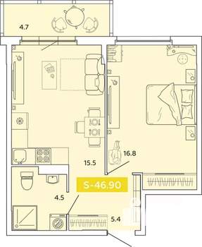 1-к квартира, строящийся дом, 47м2, 2/14 этаж