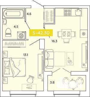 1-к квартира, строящийся дом, 42м2, 8/14 этаж