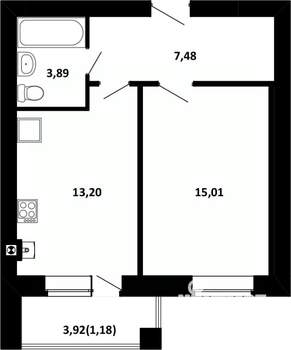 1-к квартира, строящийся дом, 40м2, 1/4 этаж